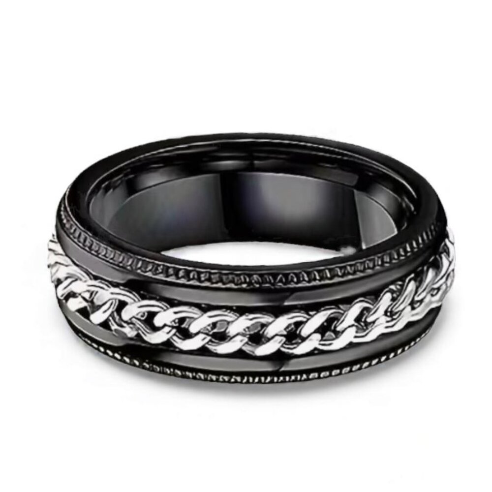 NEW - Stainless Steel Rotating Chain Link Unisex Spinner Ring - SZ 7- BLACK/SLVR - Picture 3 of 4